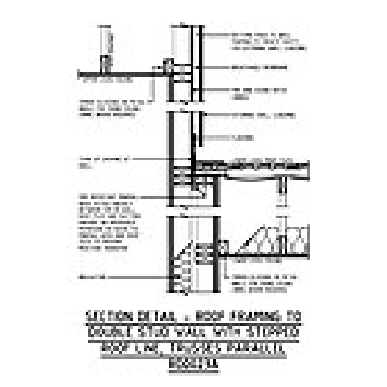 SECTION DETAIL - ROOF FRAMING TO DOUBLE STUD WALL WITH STEPPED ROOF LINE, TRUSSES PARALLEL RD0023A