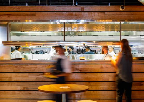 a group of people in a restaurant