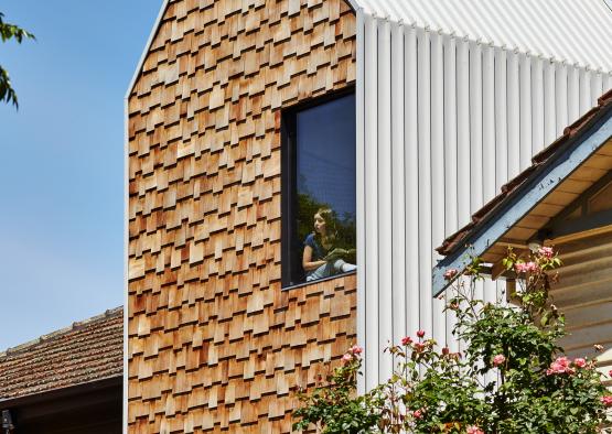 a person in a window on a house