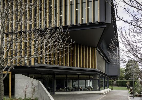 a building with a walkway and trees