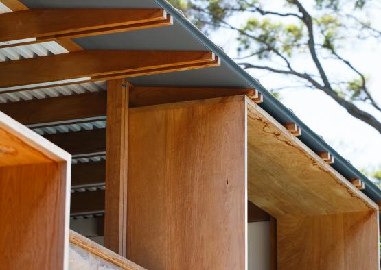 a wood and metal roof