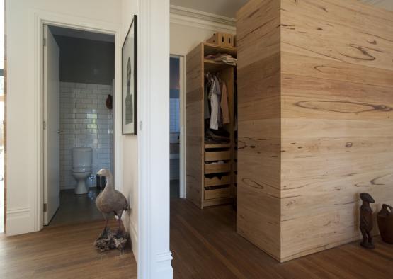 a duck standing on a rock in a room with a closet