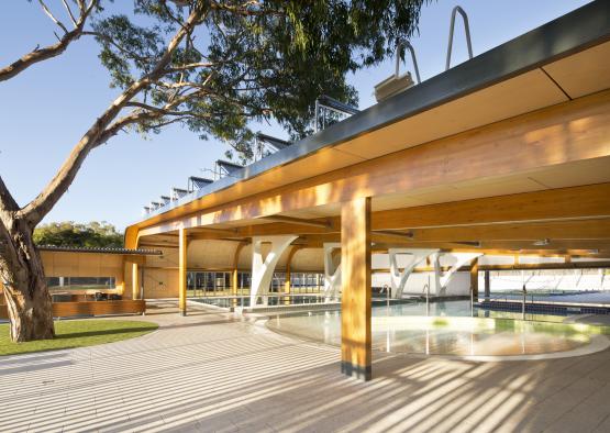 a building with a pool and a tree