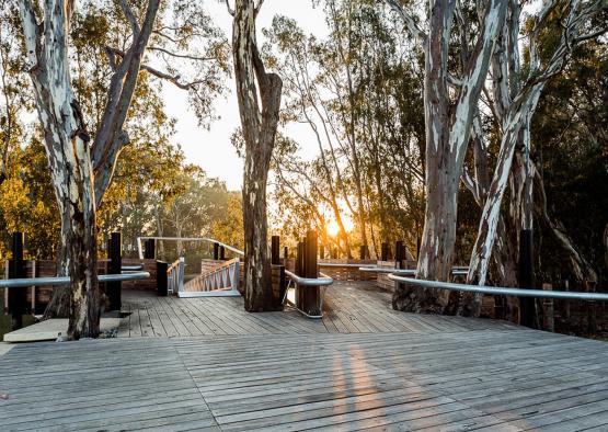 a wooden deck with trees and a bridge