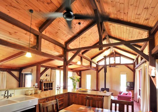 a ceiling fan in a room