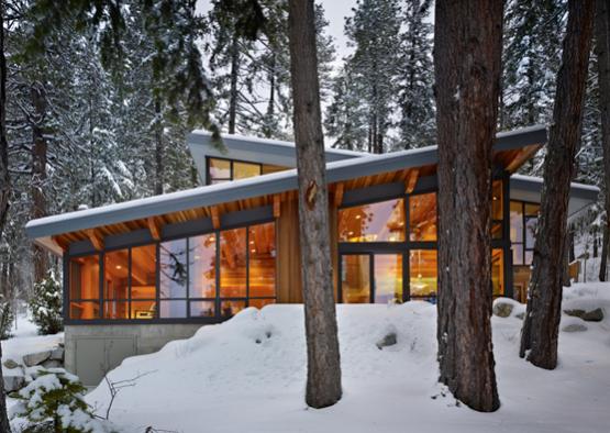 a house with trees in the snow