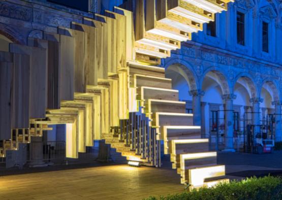 a wooden structure with lights