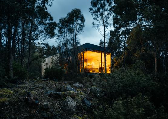 a building with a glass wall and trees