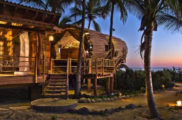 a building with a deck and palm trees